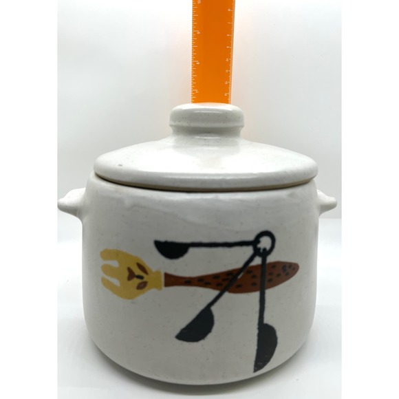 VTG 60’s West Bend Crock Bean Pot & Lid w/ Fork & Spoon Design, earthenware, MCM - Picture 7 of 8